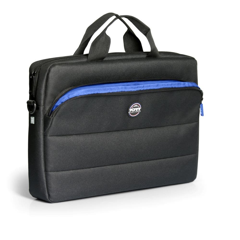 Black briefcase with a blue zipper accent, made from durable material, featuring two sturdy handles and a padded compartment for laptops up to 17.3 inches.