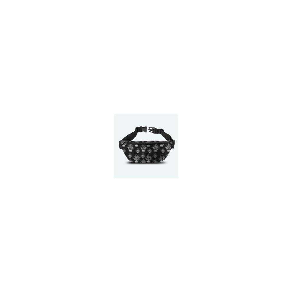 Black bum bag featuring a tattoo-inspired design with intricate patterns, adjustable strap, and a secure buckle, part of the Bring Me the Horizon official merchandise.