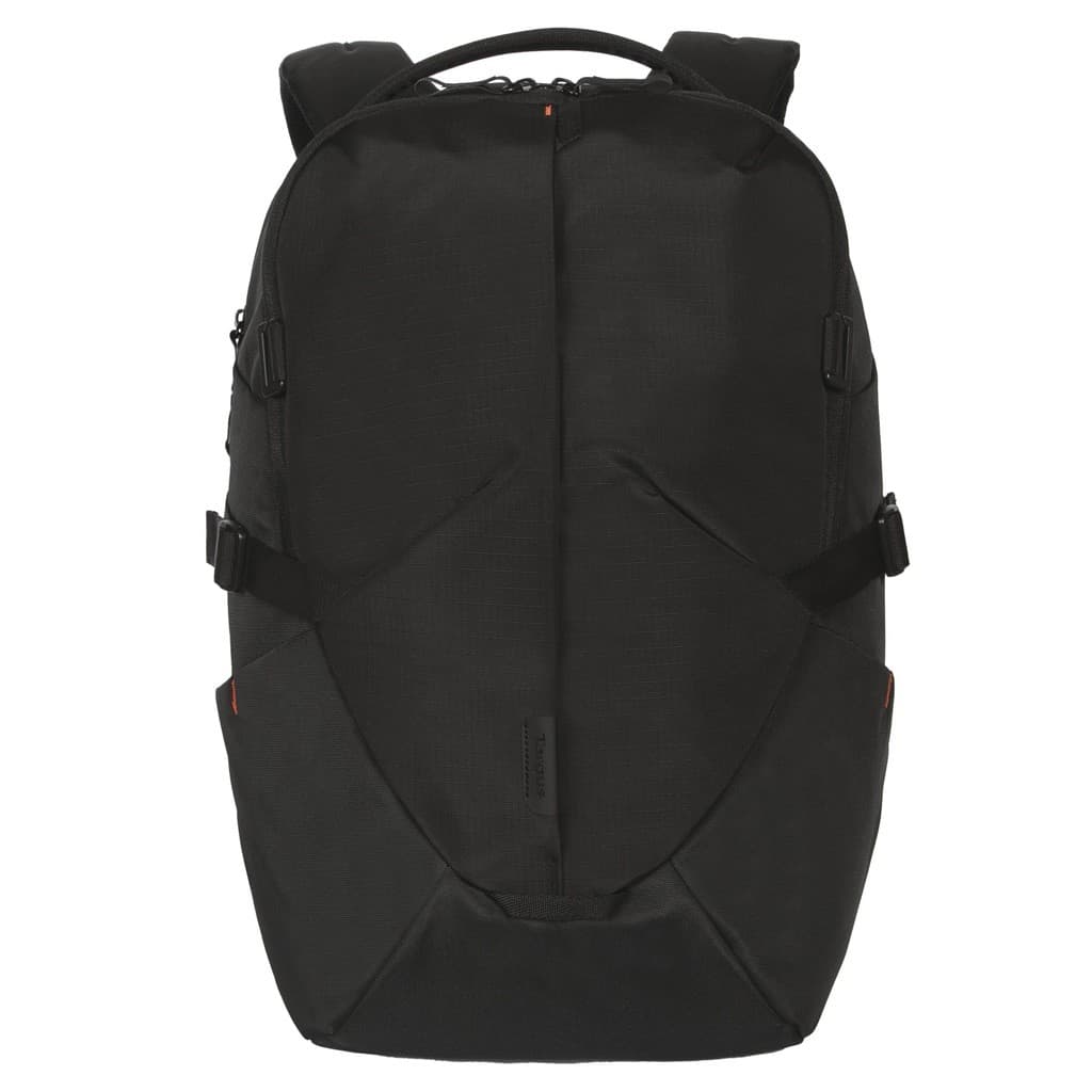 Black 15-16” Terra EcoSmart® Backpack by Targus features a sleek design, durable fabric, adjustable straps, and a top handle for easy carrying.