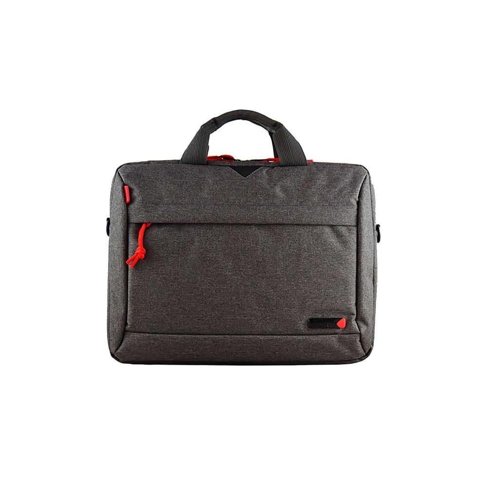 Gray shoulder bag with a textured finish, featuring red accents, a top handle, and adjustable shoulder strap, designed for 12-14.1" laptops.