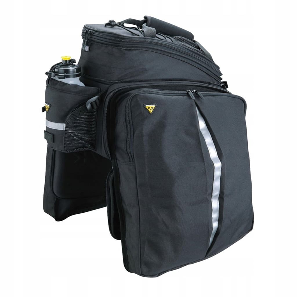 Black Topeak MTS Trunkbag DXP featuring multiple compartments, reflective stripes, a side mesh pocket for a water bottle, and a durable fabric construction.
