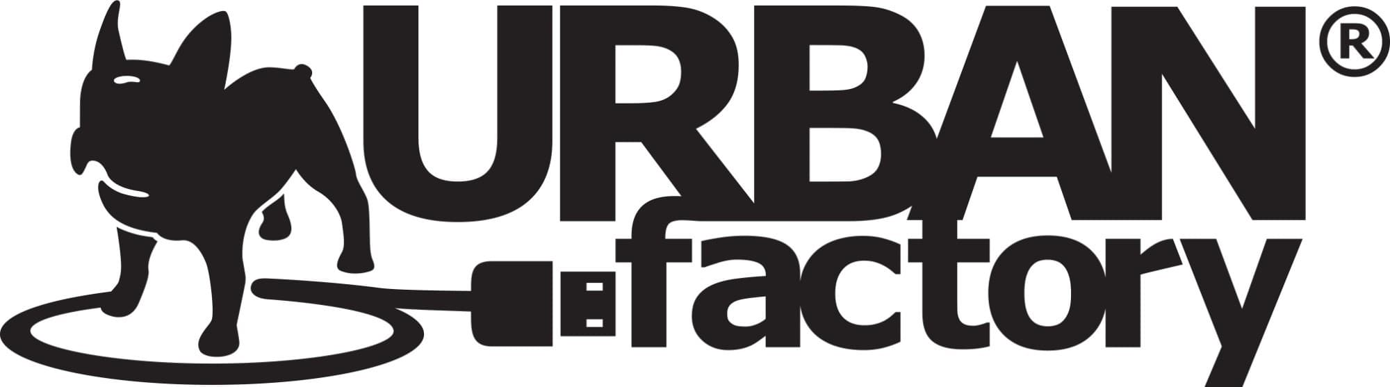 Black Urban Factory logo featuring a stylized dog silhouette and a power plug, emphasizing a modern and tech-inspired design.