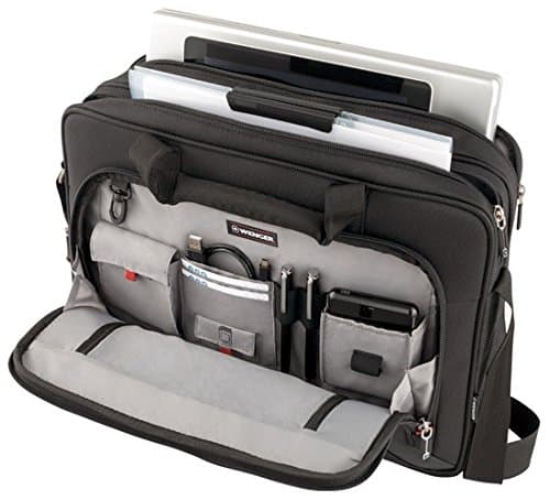 Black Wenger 600649 PROSPECTUS 16-inch laptop briefcase with padded laptop compartment, iPad/tablet pocket, and multiple organizational pockets, featuring a durable fabric design.