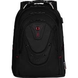 Black Wenger 606493 Ibex Deluxe Laptop Backpack features a sleek design, padded compartments, adjustable straps, and red accents, accommodating laptops up to 15.6 inches.