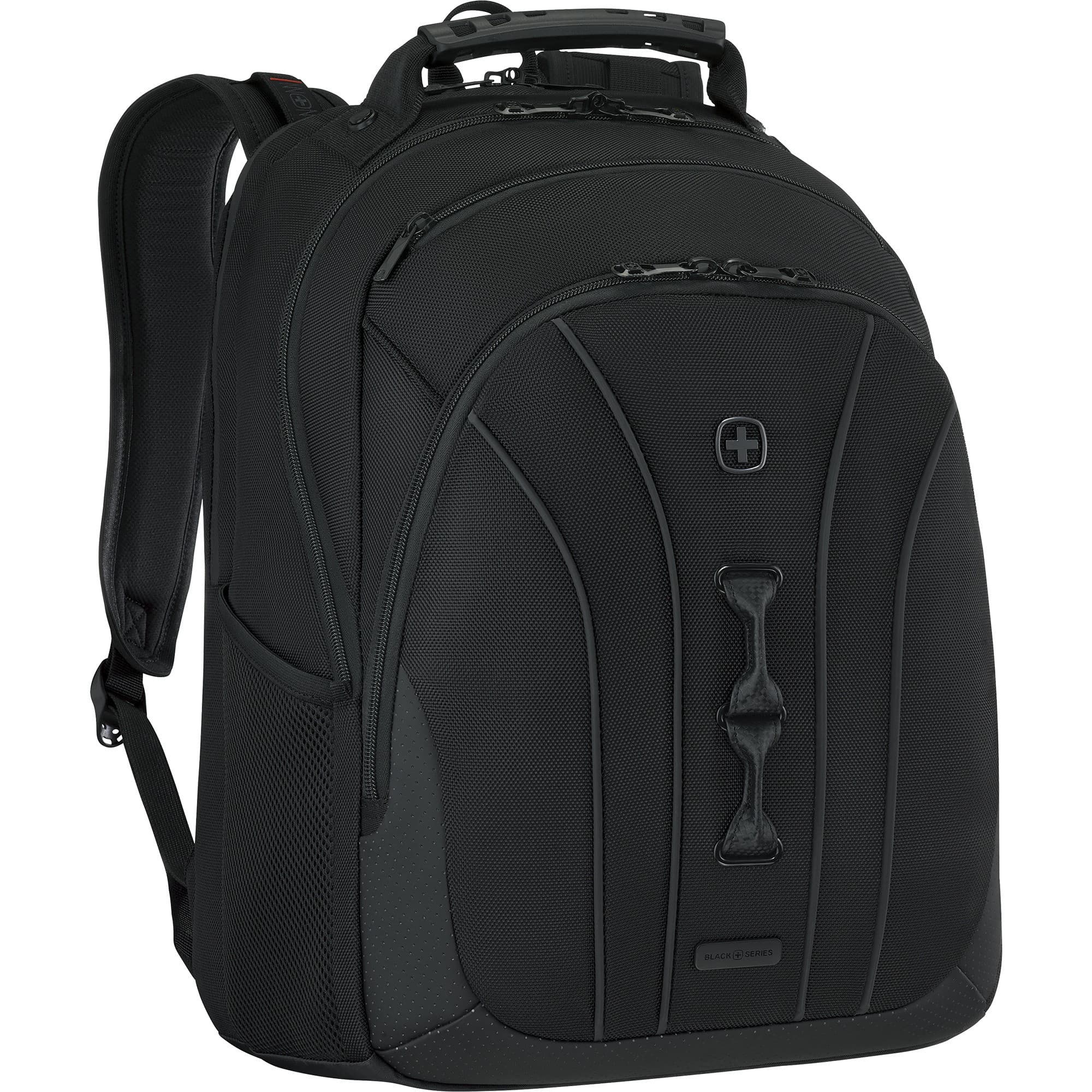 Black Wenger/SwissGear Legacy backpack featuring a sleek design, padded shoulder straps, multiple compartments, and a durable fabric finish, measuring 40.6 cm (16 inches).