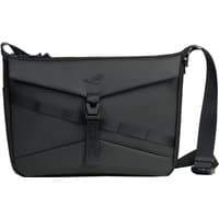 Black ASUS ROG Archer Messenger 14 briefcase with sleek design, adjustable strap, and front buckle closure.