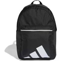 Black Adidas backpack with white front pocket zipper and large white logo on lower front.