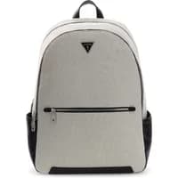 Beige Guess Torino backpack with black accents, front zipper pocket, and top handle.