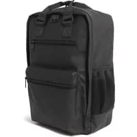 Black Lyle & Scott weather-resistant backpack with dual top handles, front zip pocket, and side mesh pocket.