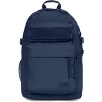 Navy Eastpak backpack with front zip pocket, water bottle holder, and laptop sleeve.