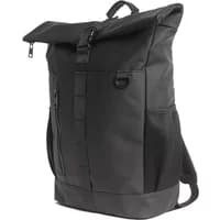 Black Lyle & Scott weather-resistant backpack with roll-top closure, front zipper pocket, and adjustable shoulder straps.