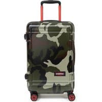 Camo Eastpak cabin trolley spinner suitcase with red handles and wheels, measuring 55x35x23 cm.