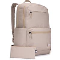 Beige Case Logic backpack with multiple zippered compartments and matching pouch, featuring padded straps and sleek design.