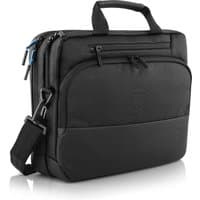 Black Dell Pro Briefcase 15 with padded handle, front zipper pocket, and adjustable shoulder strap.