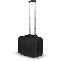 Black Dicota trolley laptop case with telescopic handle and multiple compartments, fits 17.3" devices.