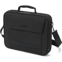 Black Dicota laptop briefcase, 16-inch, with handle, shoulder strap, front pocket, and zippered main compartment.