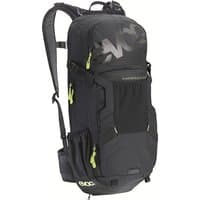 Black Evoc FR Enduro backpack with protector, green zippers, multiple compartments, and padded shoulder straps.