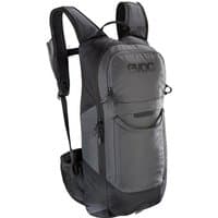 Gray and black Evoc FR Freeride Lite Protector Backpack with padded straps and multiple zippered compartments.