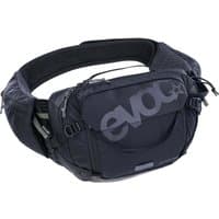 Black EVOC hip pack with adjustable strap, zippered pockets, and 1.5L hydration bladder.
