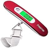 Red FREETOO digital luggage scale with green LCD display and white strap, 110 lb/50 kg capacity.