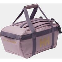 Purple Helly Hansen duffel bag with dual handles, side logo, and zippered top compartment.