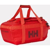 Red Helly Hansen duffel bag with black logo, dual handles, and zippered top.