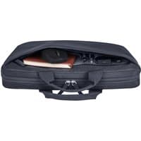 Black HP 14-inch laptop briefcase with dual zippers, handles, and visible laptop and accessories inside.
