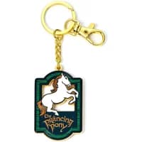 Keychain with gold ring, featuring The Prancing Pony logo in white and green with a rearing horse design.