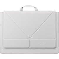 White Lenovo laptop sleeve with geometric design and top handle, fits 16-inch laptops.