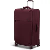 Burgundy Lipault Plume suitcase with four wheels, retractable handle, and front zipper pocket.