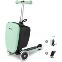 Mint green Micro Scooter suitcase with handlebars, black body, and transparent wheels.