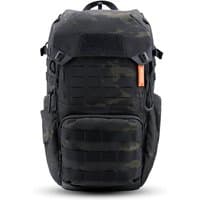 Black PGYTECH OneMo travel backpack, nylon polyester, multiple compartments, front MOLLE webbing, orange zipper pull.