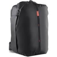 Black PGYTECH OneMo travel backpack with sleek design, polyester and polyurethane material, vertical zipper, and red accents.