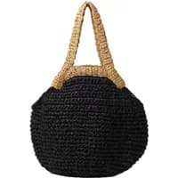 Round black raffia handbag with tan woven handles by Stefanel.
