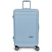 Light blue expandable hard suitcase with zipper, four wheels, and telescopic handle by Eastpak.