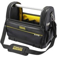 Black Stanley FatMax Pro Stack tote bag with yellow interior, metal handle, and multiple exterior pockets.