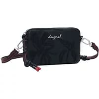 Black textured shoulder bag with floral pattern, red and black strap, and silver hardware by Desigual.