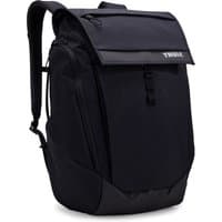 Black Thule Paramount backpack with top flap, side zippers, and padded straps, made of durable nylon material.