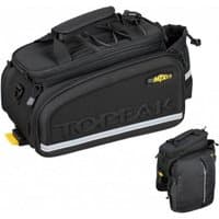 Black Topeak MTX Trunkbag DXP with panniers, reflective stripe, top bungee cords, and zippered compartments.