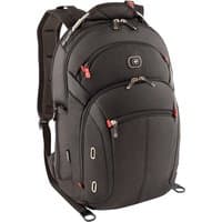 Black Wenger/SwissGear backpack with red accents, multiple zippered compartments, and padded shoulder straps.