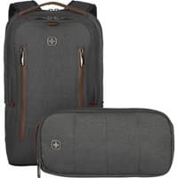 Grey Wenger/SwissGear backpack with dual zippers, front logo, and matching detachable pouch.