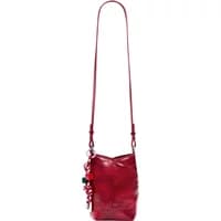 Red Desigual women's crossbody phone bag with long strap and decorative charm.