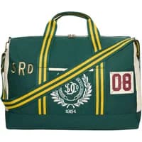 Green Superdry duffel bag with yellow striped handles, vintage patches, and embroidered logo.