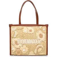 Beige woven Steve Madden handbag with floral embroidery and brown leather handles.