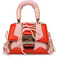 Pink and red Steve Madden handbag with woven handle, lace-up detail, and gold clasp.