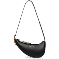 Black Steve Madden Bicy women's handbag with crescent shape, gold accents, and long strap.