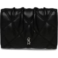 Black quilted Steve Madden women's handbag with a silver logo emblem and a textured, padded design.