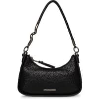 Black Steve Madden Btropina handbag with textured leather, curved top handle, and silver hardware accents.
