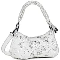 White Desigual Indio Alsacia shoulder bag with black script pattern and braided handle.