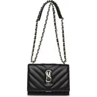 Black quilted Steve Madden Bamara shoulder bag with chain strap and silver logo clasp.
